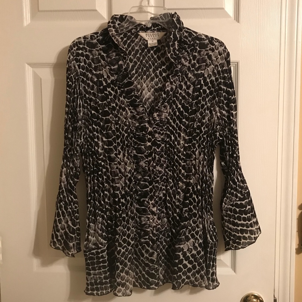 Black, Gray, & White Print Button Up Ruffle Top